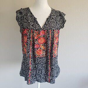 Savanna Jane Babydoll Top Embroidered Geometric Floral Boho Cap Sleeve Size M